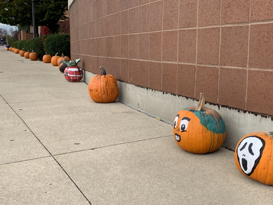 Row of decorated pumpkins along a building 