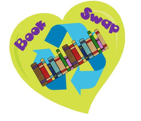 green heart with book swap words