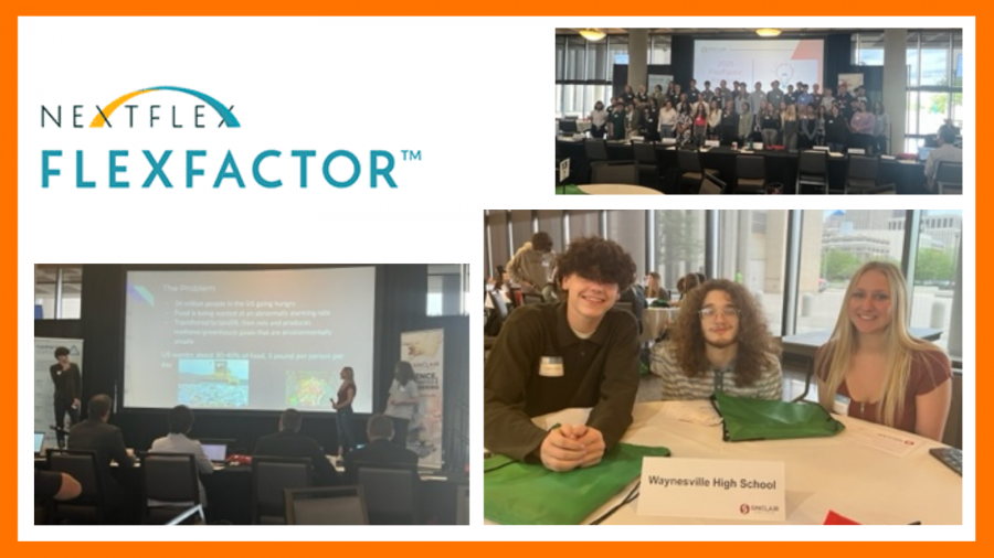 NextFlex FlexFactor logo with collage of students