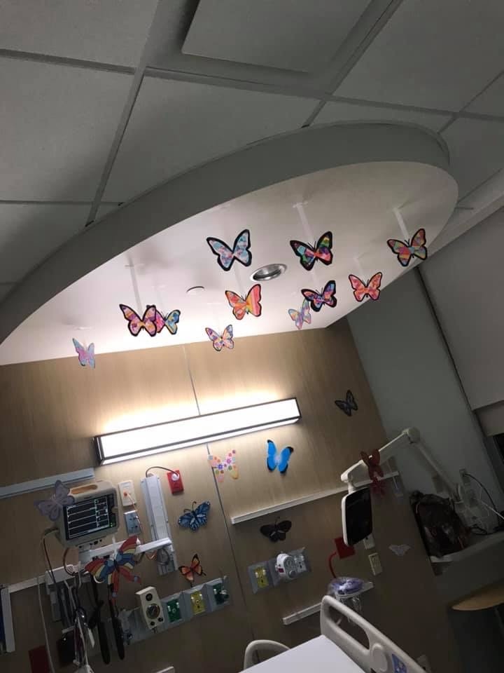 butterflies hanging from a ceiling in a hospital