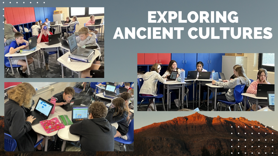 Exploring Ancient cultures collage with students on computers