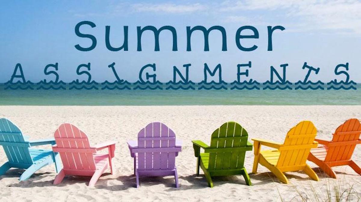 Summer Assignments banner with ocean and colorful chairs